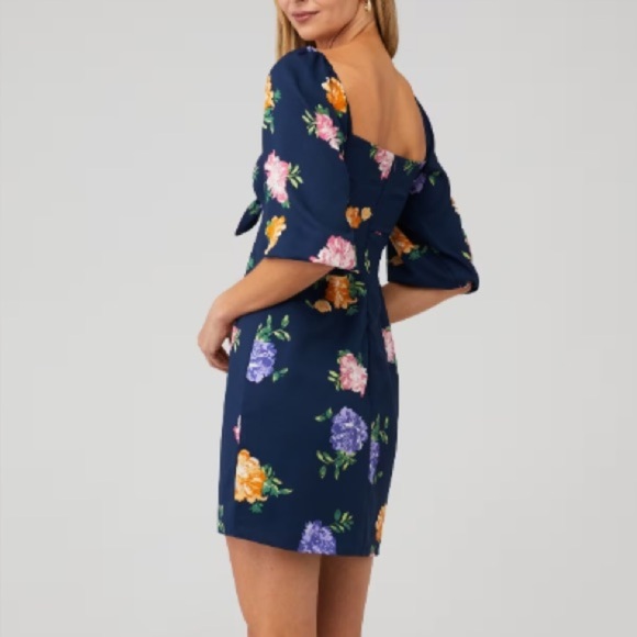 New Revolve WAYF Floral Navy Tie Front Poof Sleeve Dress - Picture 2 of 7